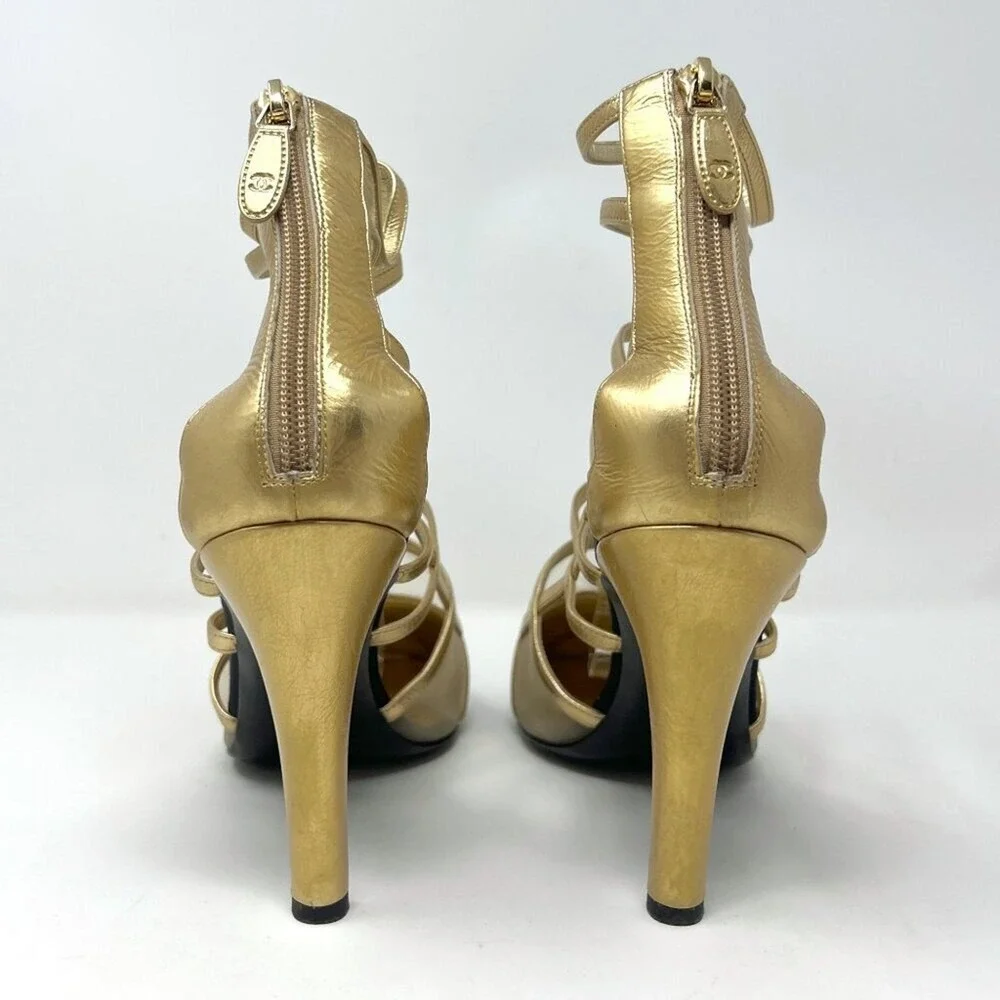 Chanel Black Gold Strappy‎ Heels CC Cap Toe Sandals Pumps Size 42